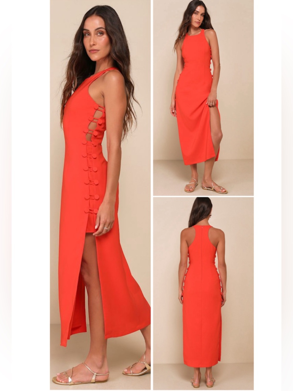 Lulus Masterfully Mod Bright Orange Side Button Midi Dress Size XL Sleeveless